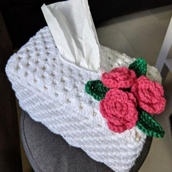 Hand Crochet Tissue box cover from WOV - White with red flowers