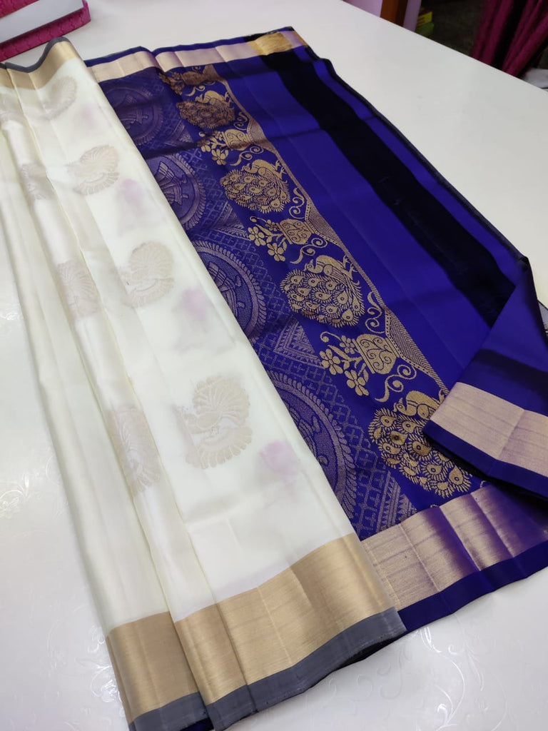 White & Blue Pallu pure Kanchi Soft Silk saree from Fashion femme