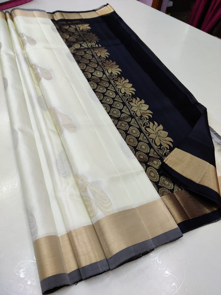 White & Black contrast Pallu pure Kanchi Soft Silk saree from Fashion femme