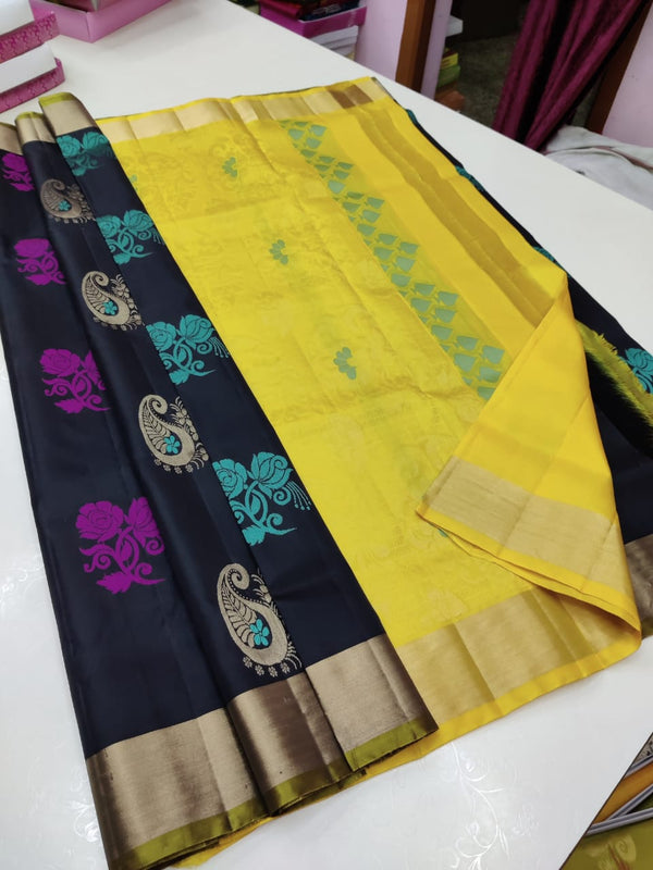 Balck & Yellow contrast Pallu pure Kanchi Soft Silk saree from Fashion Femme