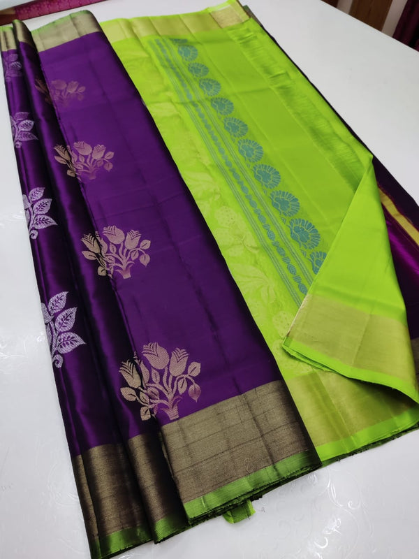 Purple & Green contrast Pallu pure Kanchi Soft Silk saree from Fashion femme -2