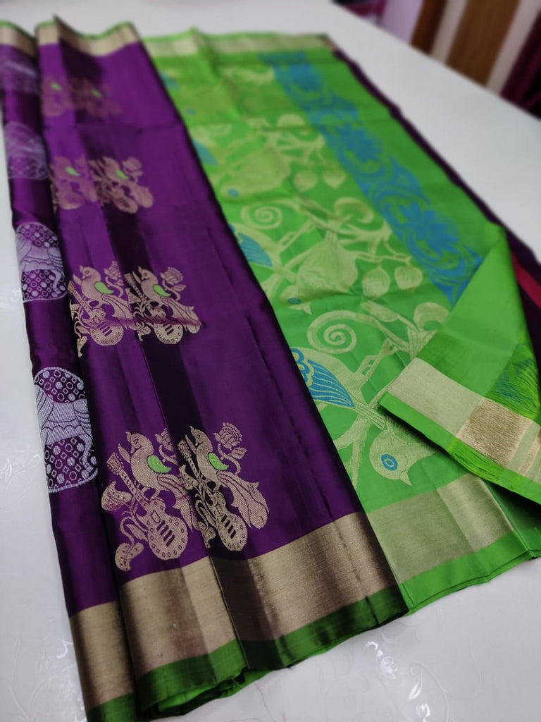 Purple & Green contrast Pallu pure Kanchi Soft Silk saree from Fashion Femme -3